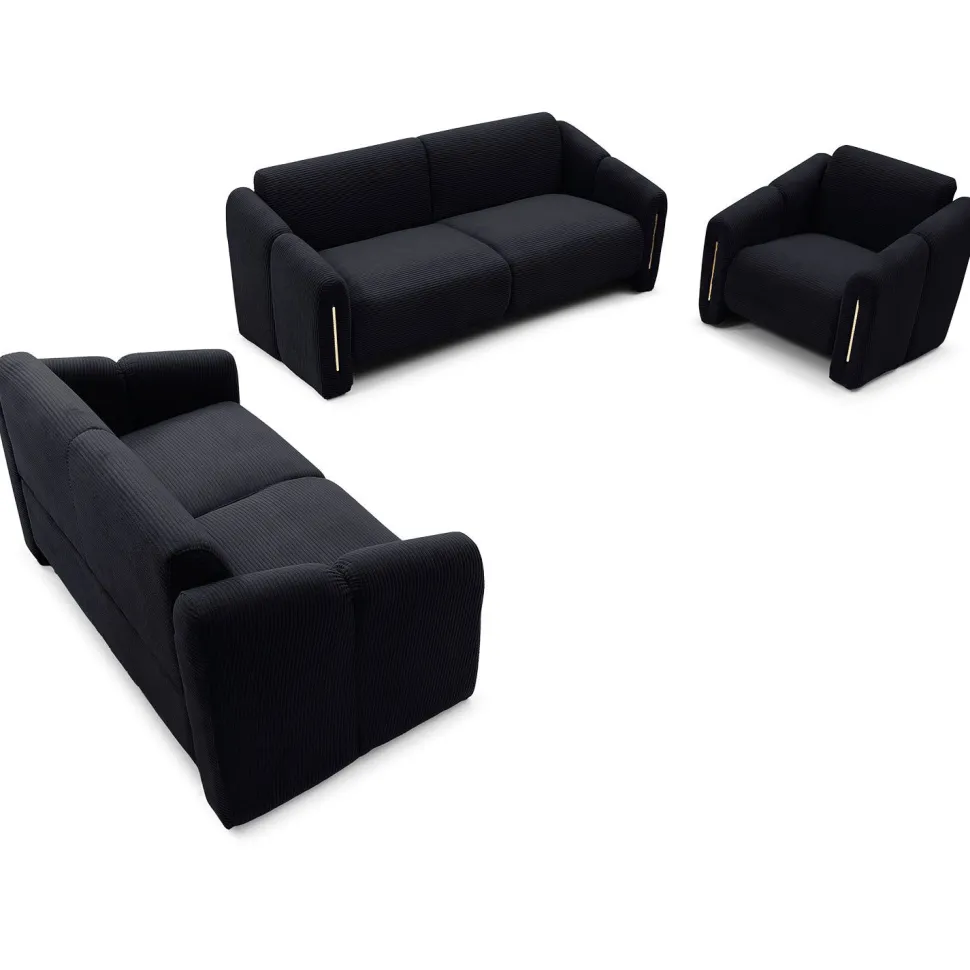 Canapé 2 places design Maximilien Métal doré et Velours côtelé Noir