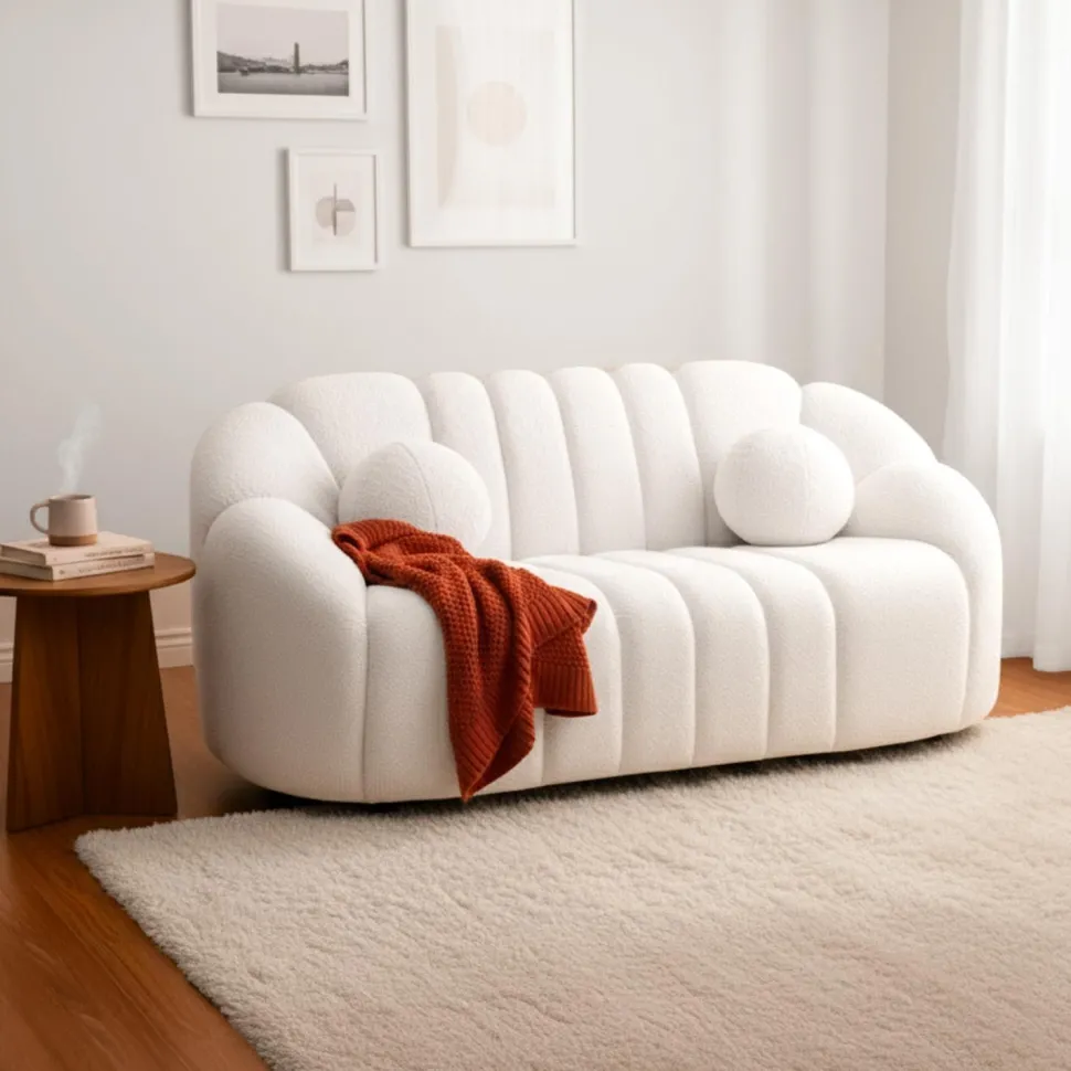 Canapé 2 places design Sidonie Tissu bouclette Blanc