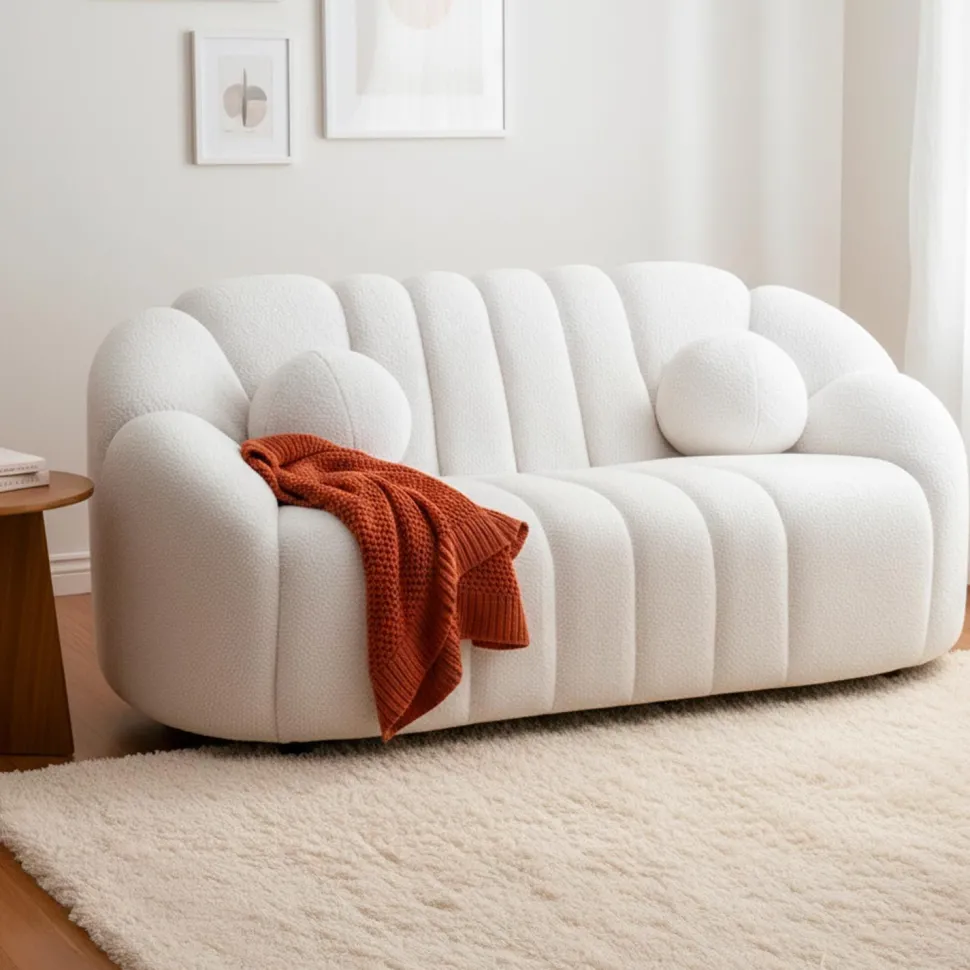 Canapé 2 places design Sidonie Tissu bouclette Blanc