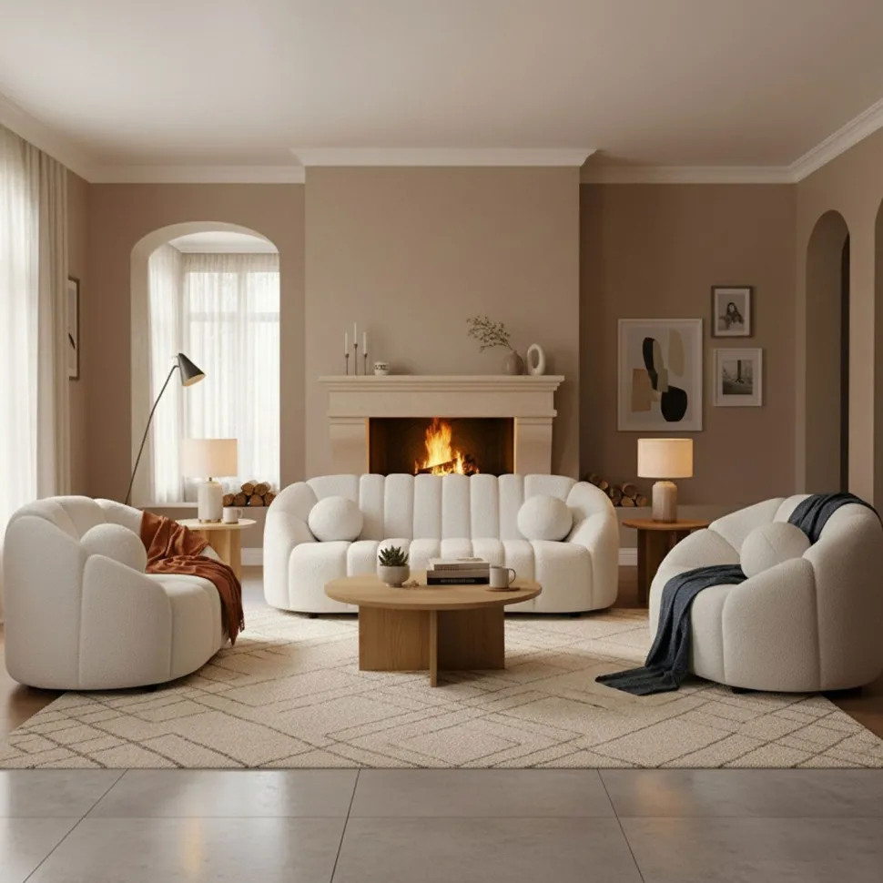 Canapé 3 places design Sidonie Tissu bouclette Blanc