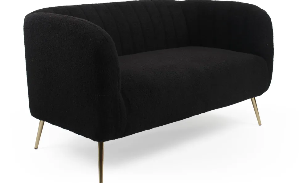 Canapé 2 places moderne Bombaro pieds métal doré et Tissu bouclette Noir
