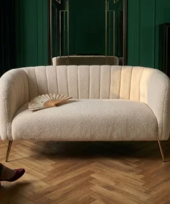 Canapé 2 places moderne Bombaro pieds métal doré et Tissu bouclette Beige