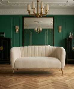 Canapé 2 places moderne Bombaro pieds métal doré et Tissu bouclette Beige
