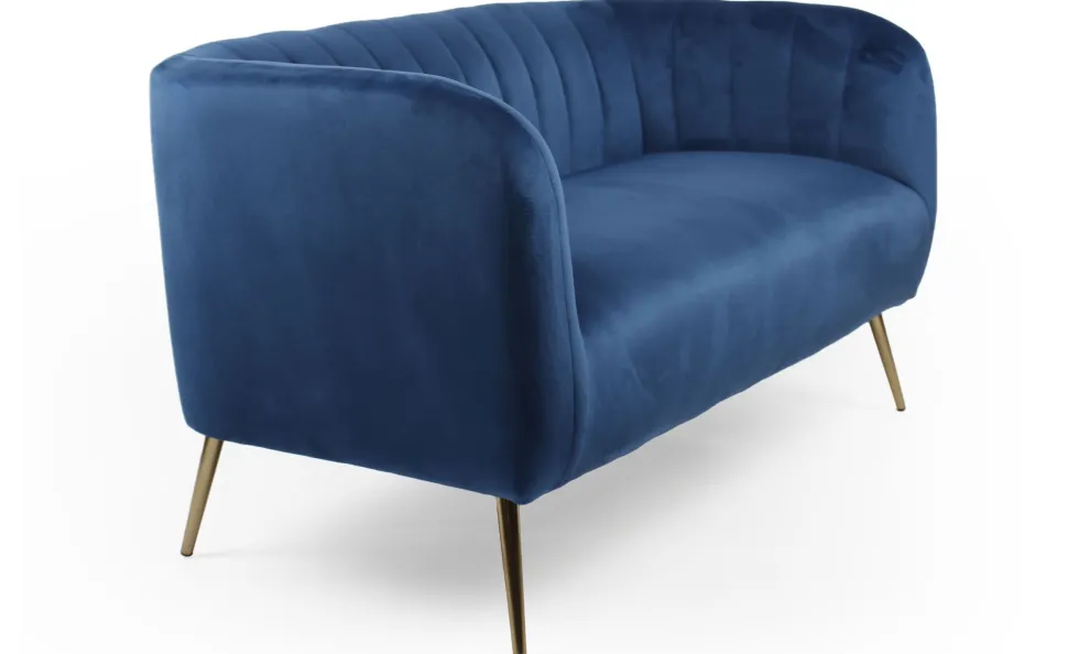 Canapé 2 places moderne Bombaro pieds métal doré et Velours Bleu