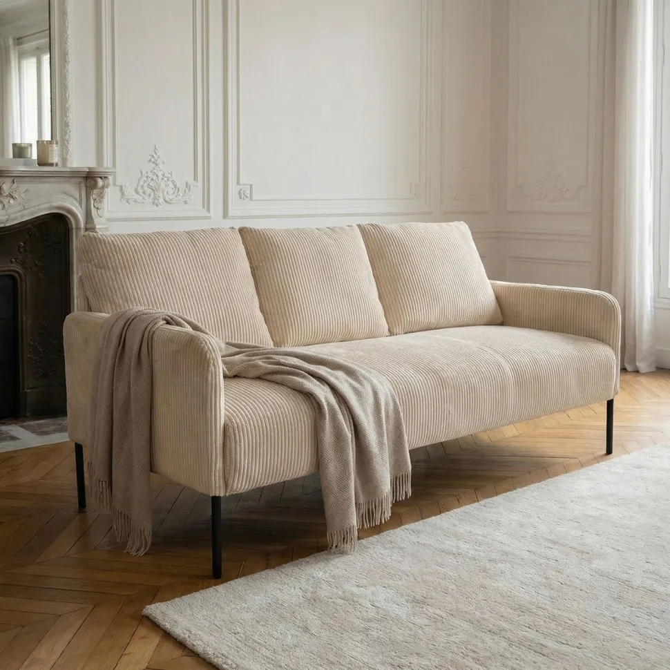 Canapé 3 places moderne et élégant Manuelo Velours côtelé Beige