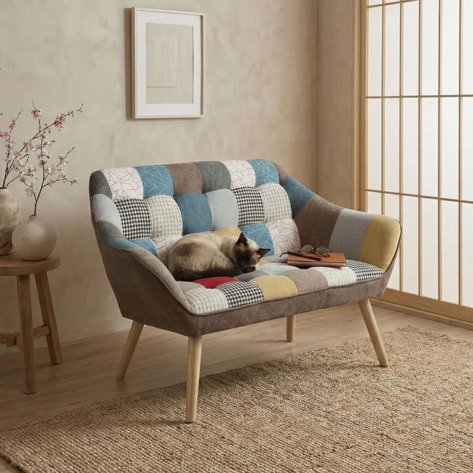 Canapé 2 places Scandinave Zentao effet patchwork Tissu Multicolore