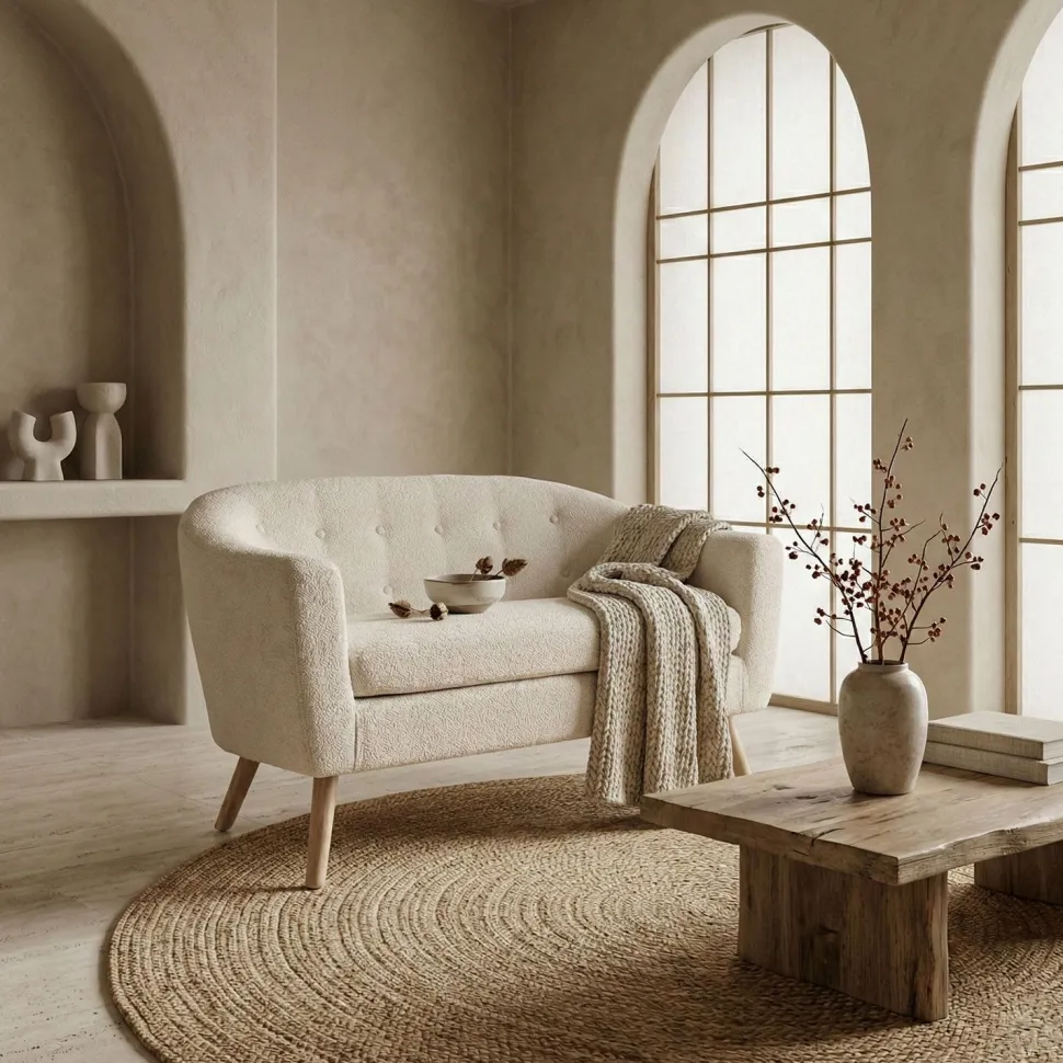 Canapé 2 places style scandinave Savoy Tissu Bouclette Beige