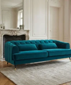 Canapé capitonné 3 places style boudoir Glams Velours Bleu canard