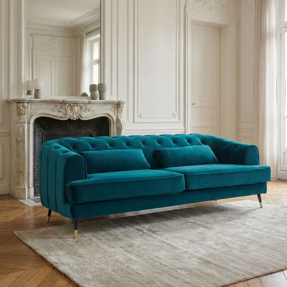 Canapé capitonné 3 places style boudoir Glams Velours Bleu canard