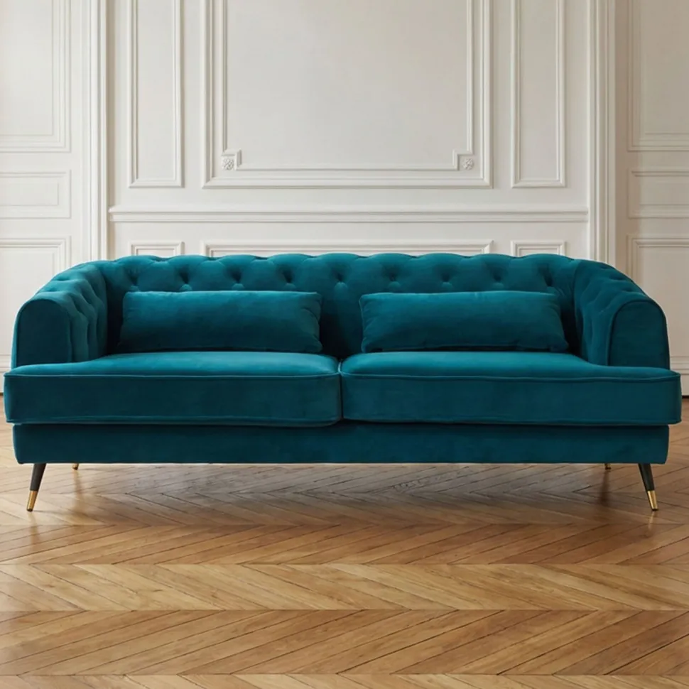 Canapé capitonné 3 places style boudoir Glams Velours Bleu canard