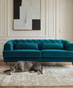Canapé capitonné 3 places style boudoir Glams Velours Bleu canard