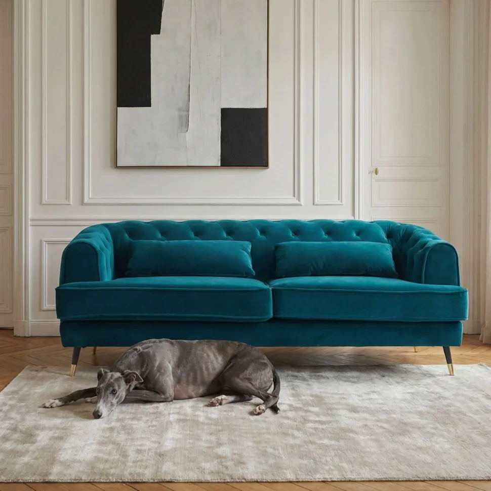 Canapé capitonné 3 places style boudoir Glams Velours Bleu canard