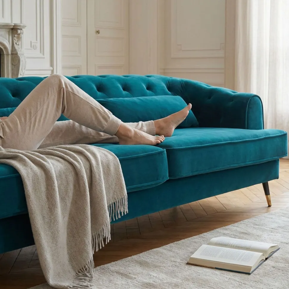 Canapé capitonné 3 places style boudoir Glams Velours Bleu canard