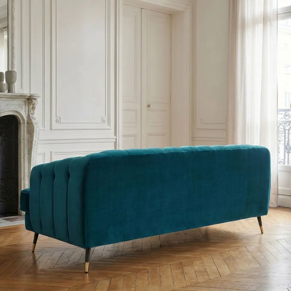 Canapé capitonné 3 places style boudoir Glams Velours Bleu canard