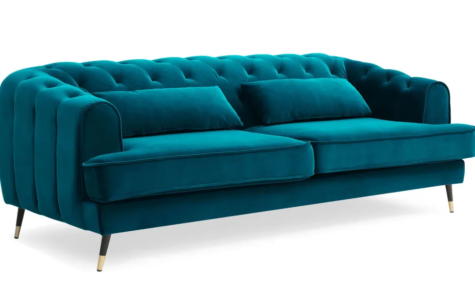 Canapé capitonné 3 places style boudoir Glams Velours Bleu canard