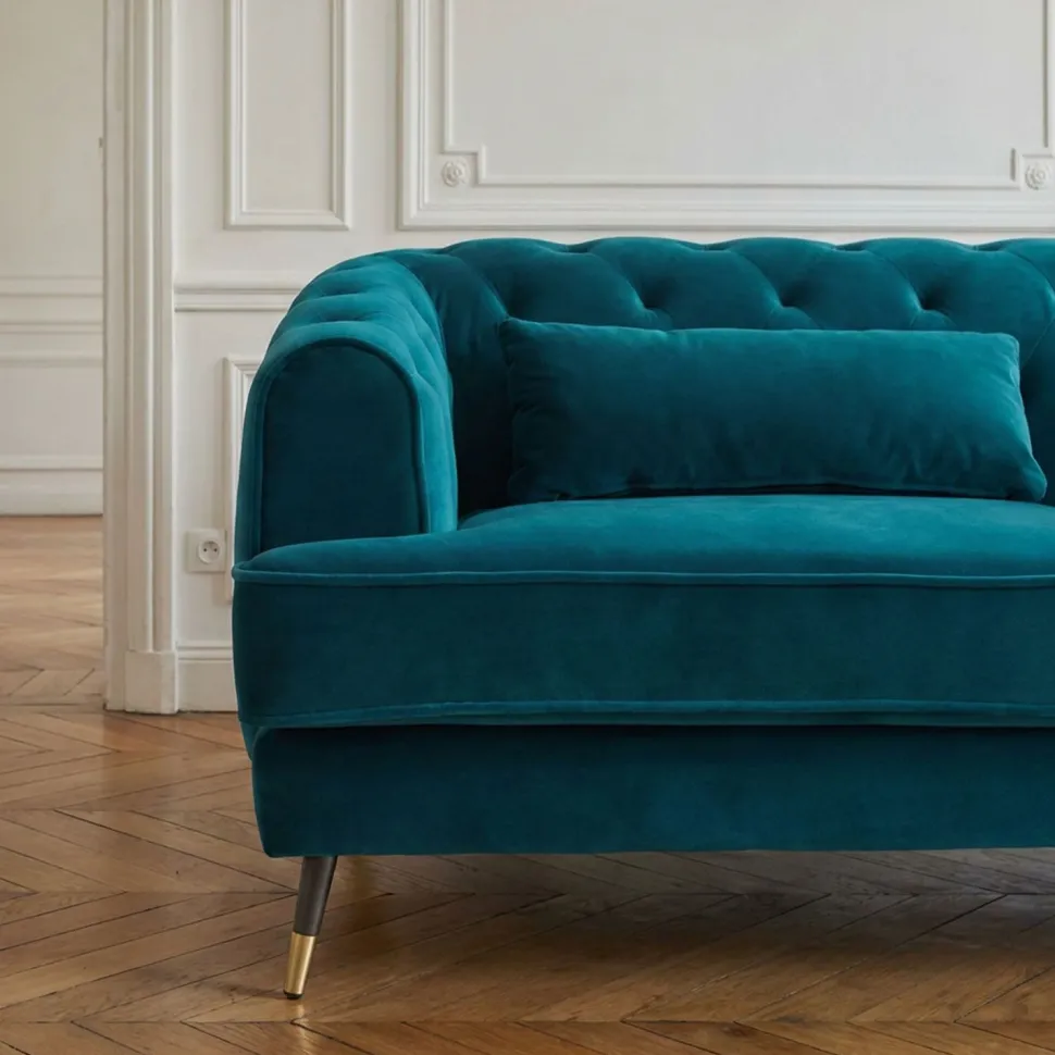 Canapé capitonné 3 places style boudoir Glams Velours Bleu canard