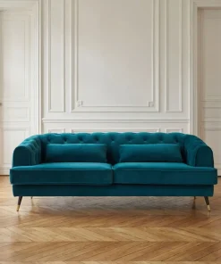 Canapé capitonné 3 places style boudoir Glams Velours Bleu canard