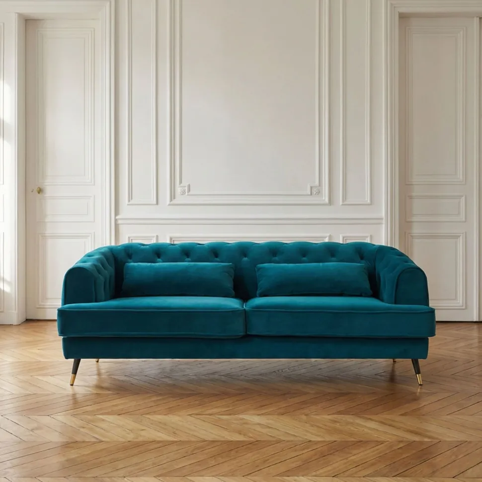 Canapé capitonné 3 places style boudoir Glams Velours Bleu canard