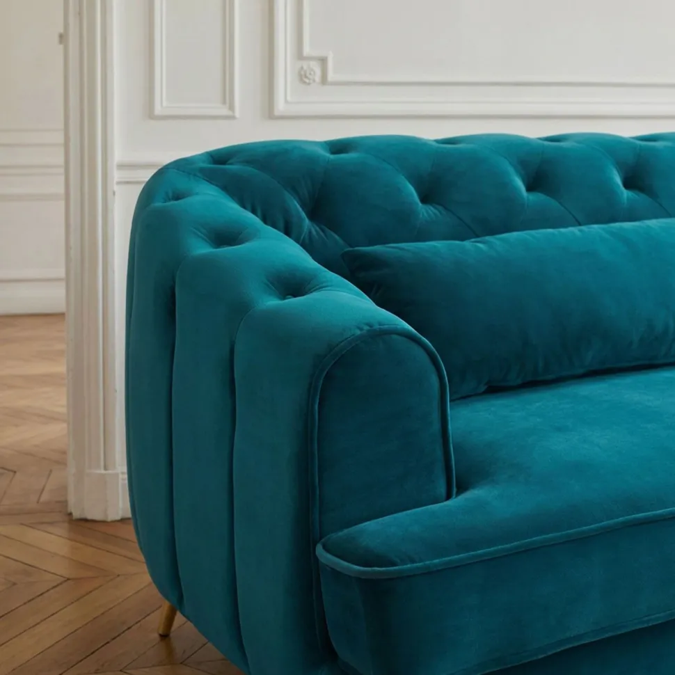 Canapé capitonné 3 places style boudoir Glams Velours Bleu canard