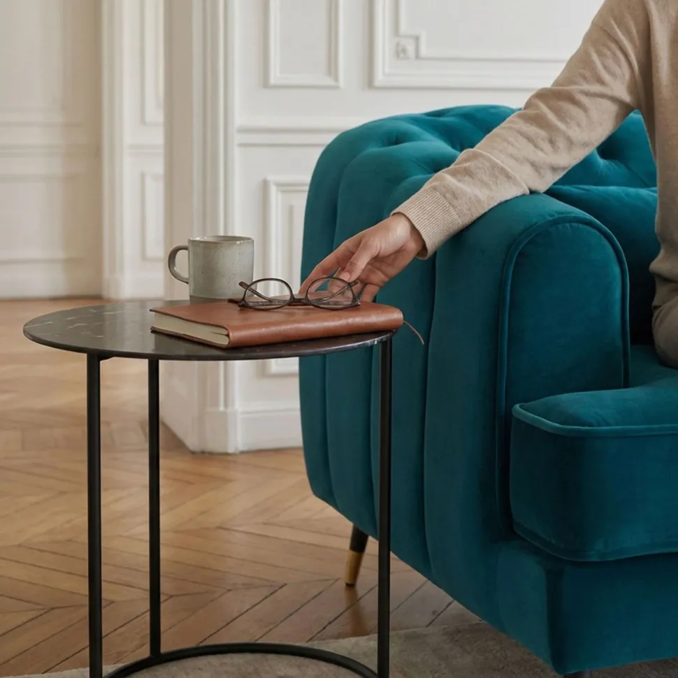 Canapé capitonné 3 places style boudoir Glams Velours Bleu canard