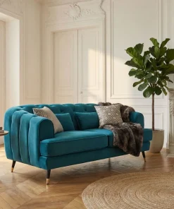 Canapé capitonné 2 places style boudoir Glams Velours Bleu canard
