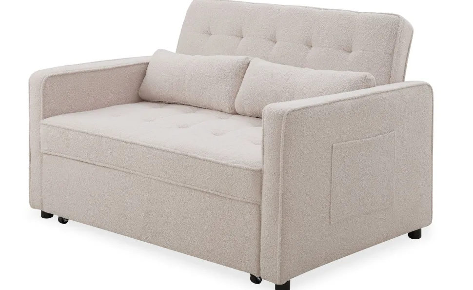 Canapé convertible 2 places Komaria Tissu bouclette Crème