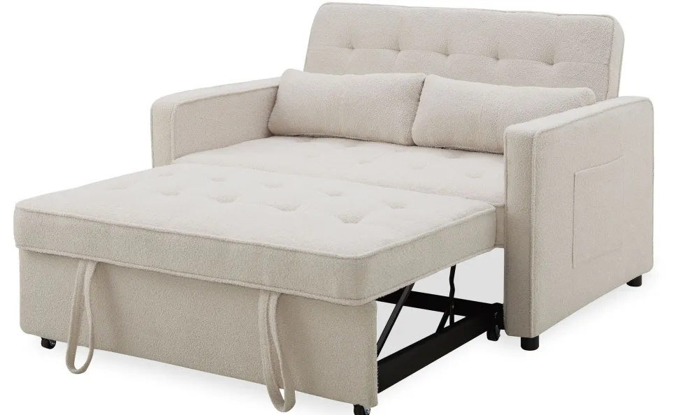 Canapé convertible 2 places Komaria Tissu bouclette Crème