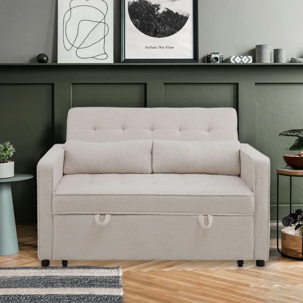 Canapé convertible 2 places Komaria Tissu bouclette Crème
