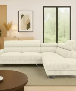 Canapé d'angle à droite avec têtières relevables Quentin Velours côtelé Beige