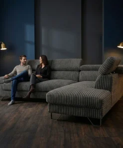 Canapé d'angle à droite avec têtières relevables Quentin Velours côtelé Gris