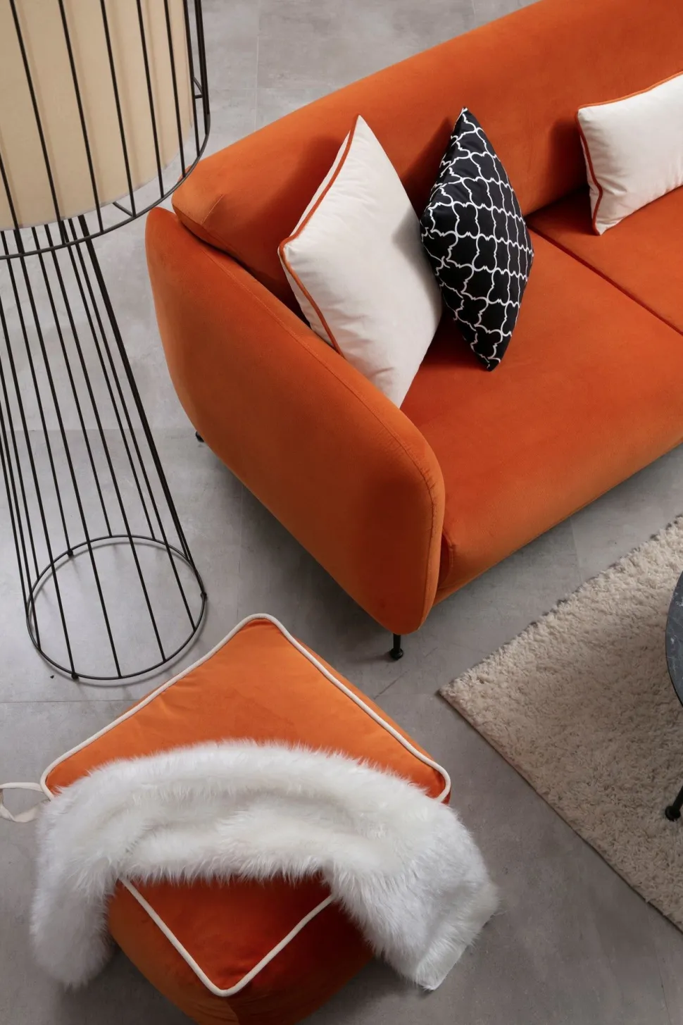 Canapé d'angle à droite convertible avec 3 coussins Vesna Velours Orange