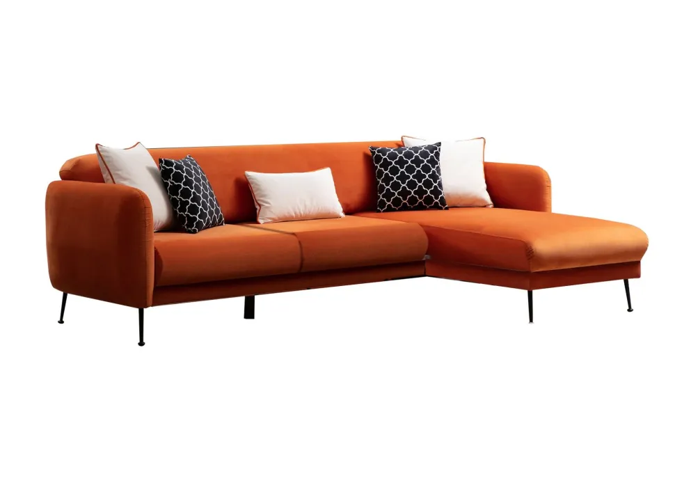 Canapé d'angle à droite convertible avec 3 coussins Vesna Velours Orange