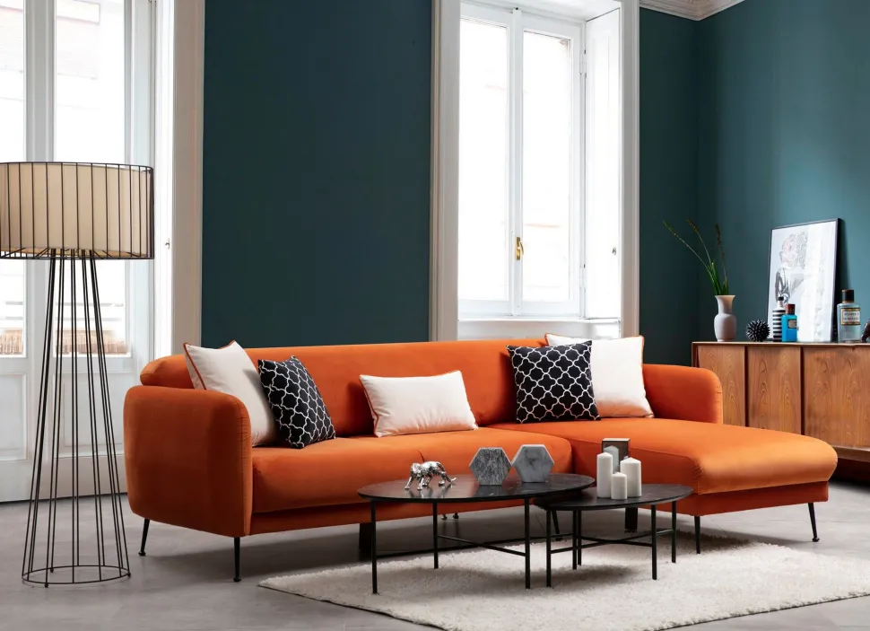 Canapé d'angle à droite convertible avec 3 coussins Vesna Velours Orange