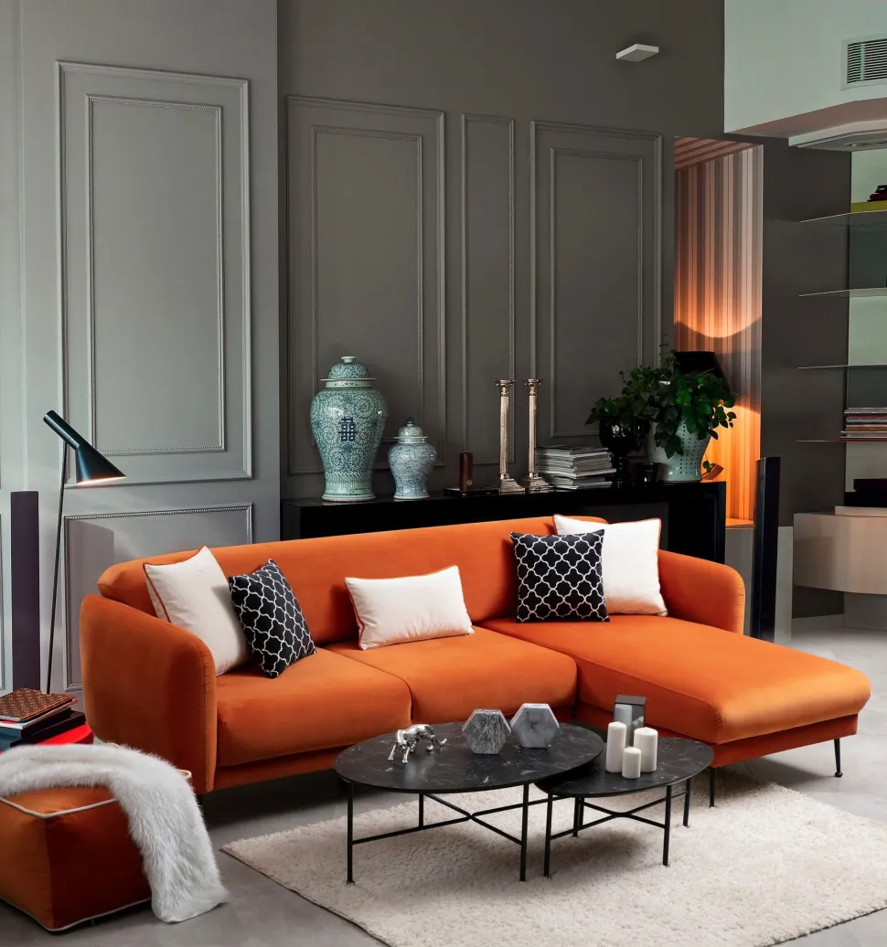 Canapé d'angle à droite convertible avec 3 coussins Vesna Velours Orange