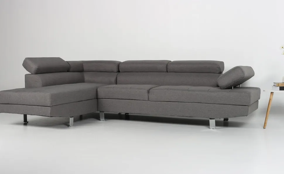 Canapé d'angle avec têtières relevables Alfa Tissu Gris