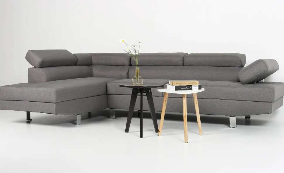Canapé d'angle avec têtières relevables Alfa Tissu Gris