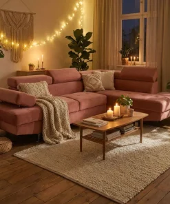Canapé d'angle avec têtières relevables Alfa Velours Rose