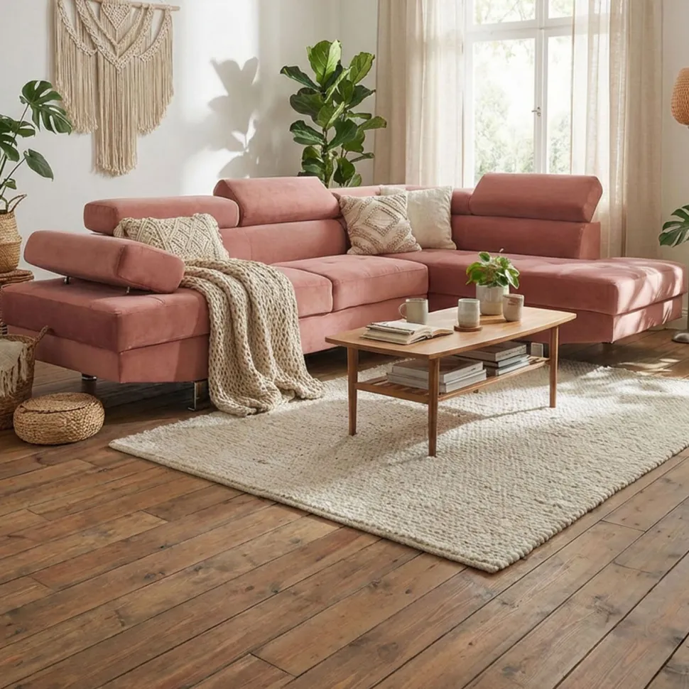 Canapé d'angle avec têtières relevables Alfa Velours Rose