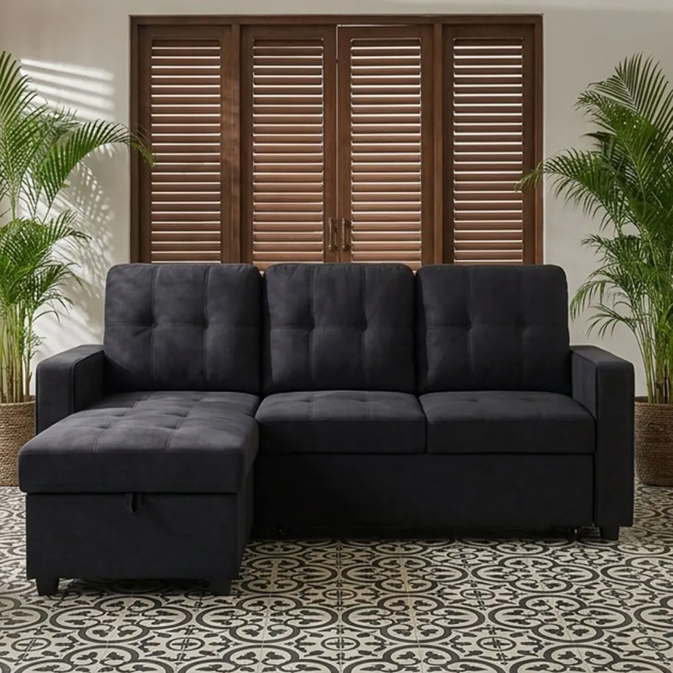 Canapé d'angle convertible moderne Delacroix Velours Noir