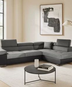 Canapé d'angle convertible Antoni avec têtières relevables Simili Noir et Tissu Gris foncé