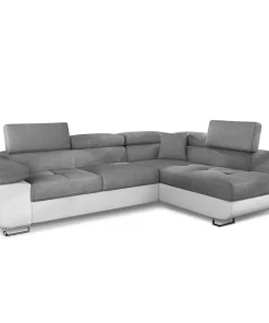 Canapé d'angle convertible Antoni avec têtières relevables angle à droite simili Blanc et tissus Gris clair