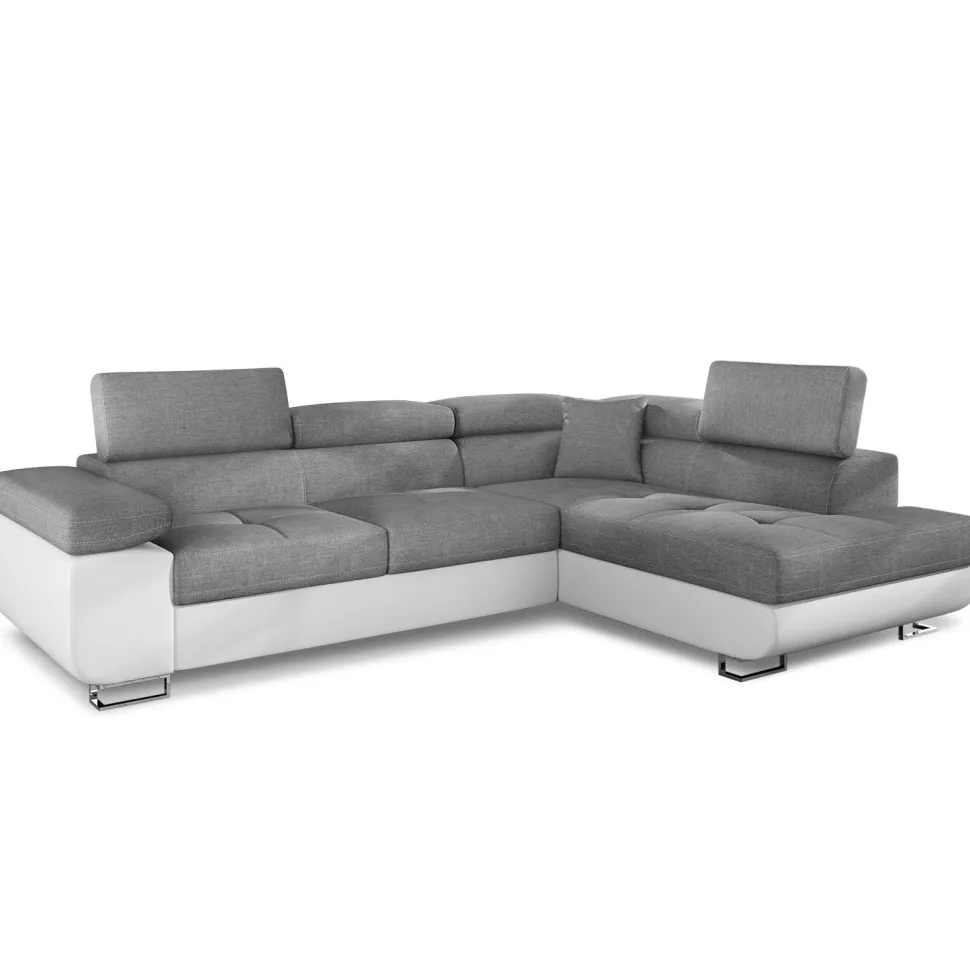 Canapé d'angle convertible Antoni avec têtières relevables angle à droite simili Blanc et tissus Gris clair