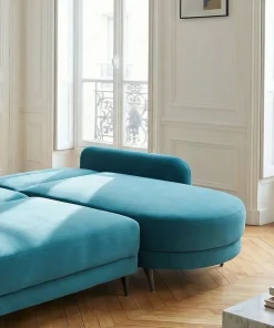 Canapé d'angle convertible avec méridienne arrondie Milord Velours Bleu canard