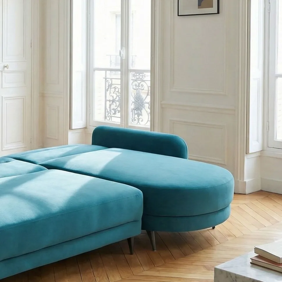 Canapé d'angle convertible avec méridienne arrondie Milord Velours Bleu canard