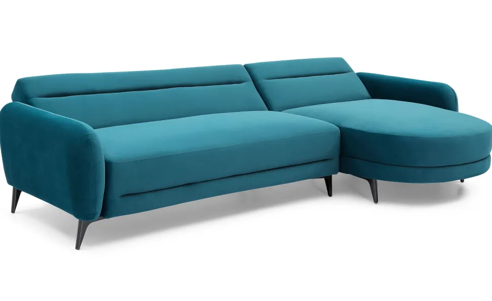 Canapé d'angle convertible avec méridienne arrondie Milord Velours Bleu canard
