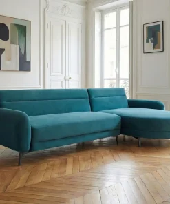 Canapé d'angle convertible avec méridienne arrondie Milord Velours Bleu canard