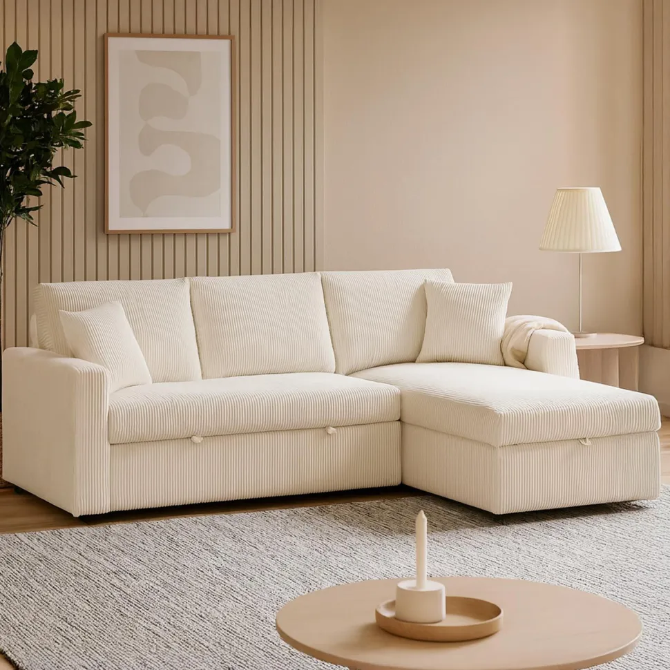 Canapé d'angle convertible avec coffre de rangement réversible Toledo Velours côtelé Beige