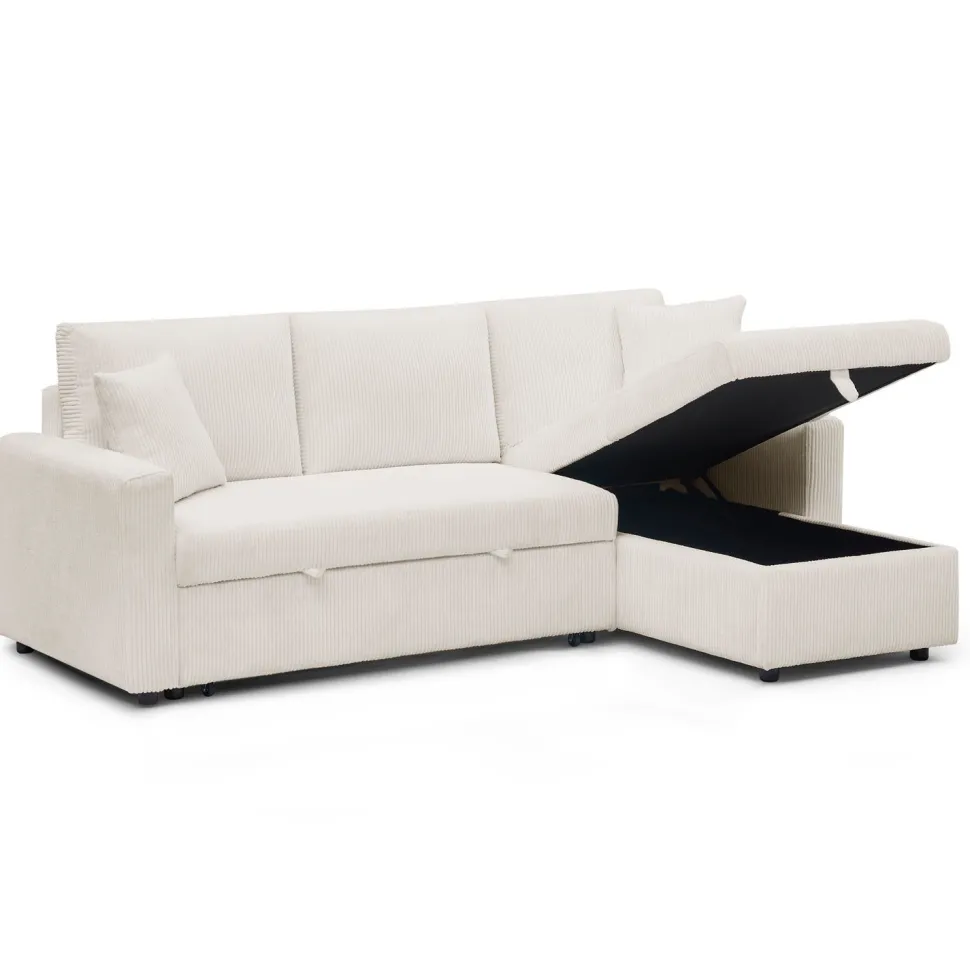 Canapé d'angle convertible avec coffre de rangement réversible Toledo Velours côtelé Beige