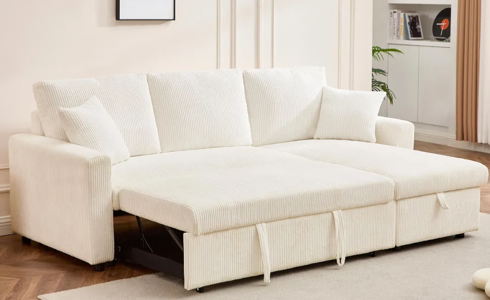 Canapé d'angle convertible avec coffre de rangement réversible Toledo Velours côtelé Beige