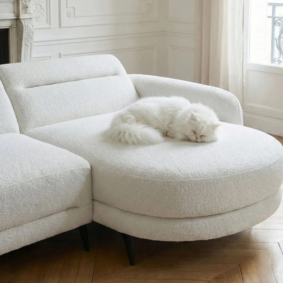 Canapé d'angle convertible avec méridienne arrondie Milord Tissu texturé Crème